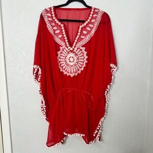Red Sheer Embroidered Pom Pom Trim Kaftan Cover Up Tunic Women's
